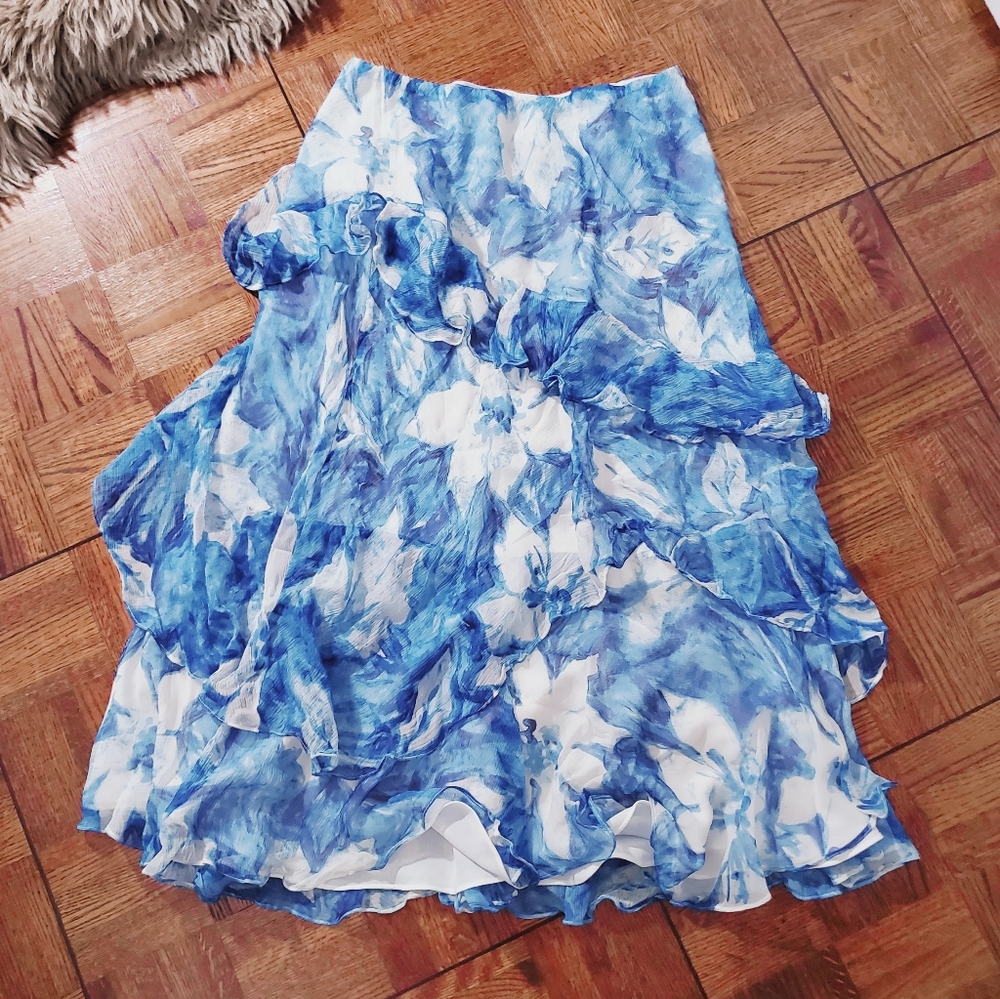 Ralph Lauren XL Ruffled Floral Midi Skirt 100% Silk